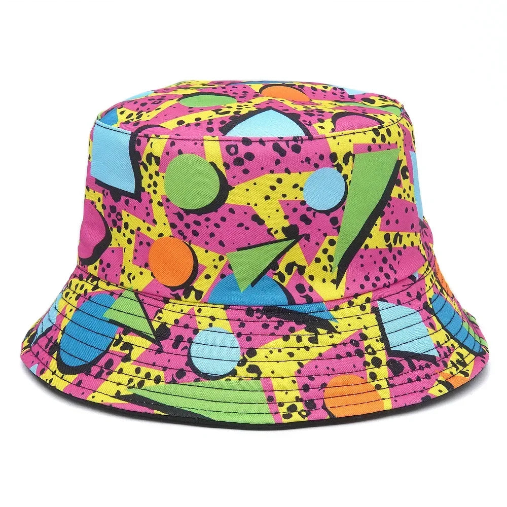 Print Design Bucket Hats Cool Personality Beach Double-sided Female Sun Hat Bucket Hat Panama Cap Fisherman Good Vibrations