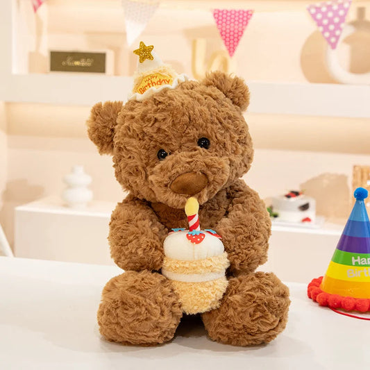 Kawaii Birthday Cake Teddy Bear Plush Toy Yellow And Pink Cake With Hat Bear Doll Boys Girls Birthday Gift Good Vibrations