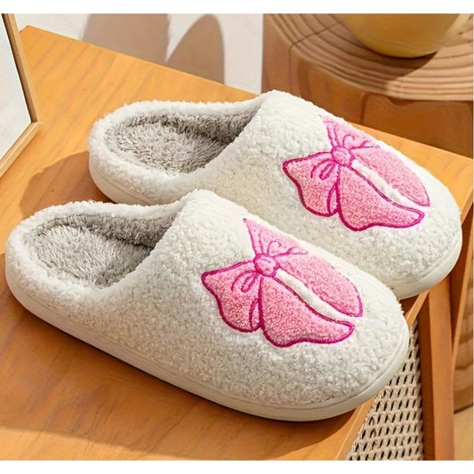 Women's Lovely Pretty Bow Flowers Slippers Men Cartoon Soft Warm Sandals Females Cute Plush Cotton Flat Slides For Autumn Winter Good Vibrations