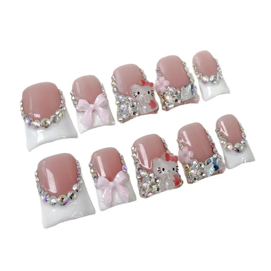 10Pcs Sweet Short Press on nails Bow Cute KT Cat Design Duck French Fake Nails Shiny Rhinestone Handmade White False Nail Tips Good Vibrations