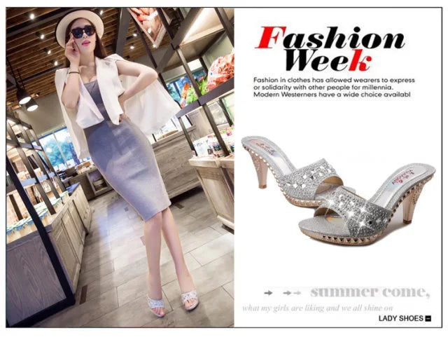 Summer Women Sandals Rhinestone Women Shoes Sexy High Heels Shoe Ladies Sandalias Gold Silver Women Slippers Heeled Sandals Sexy Good Vibrations