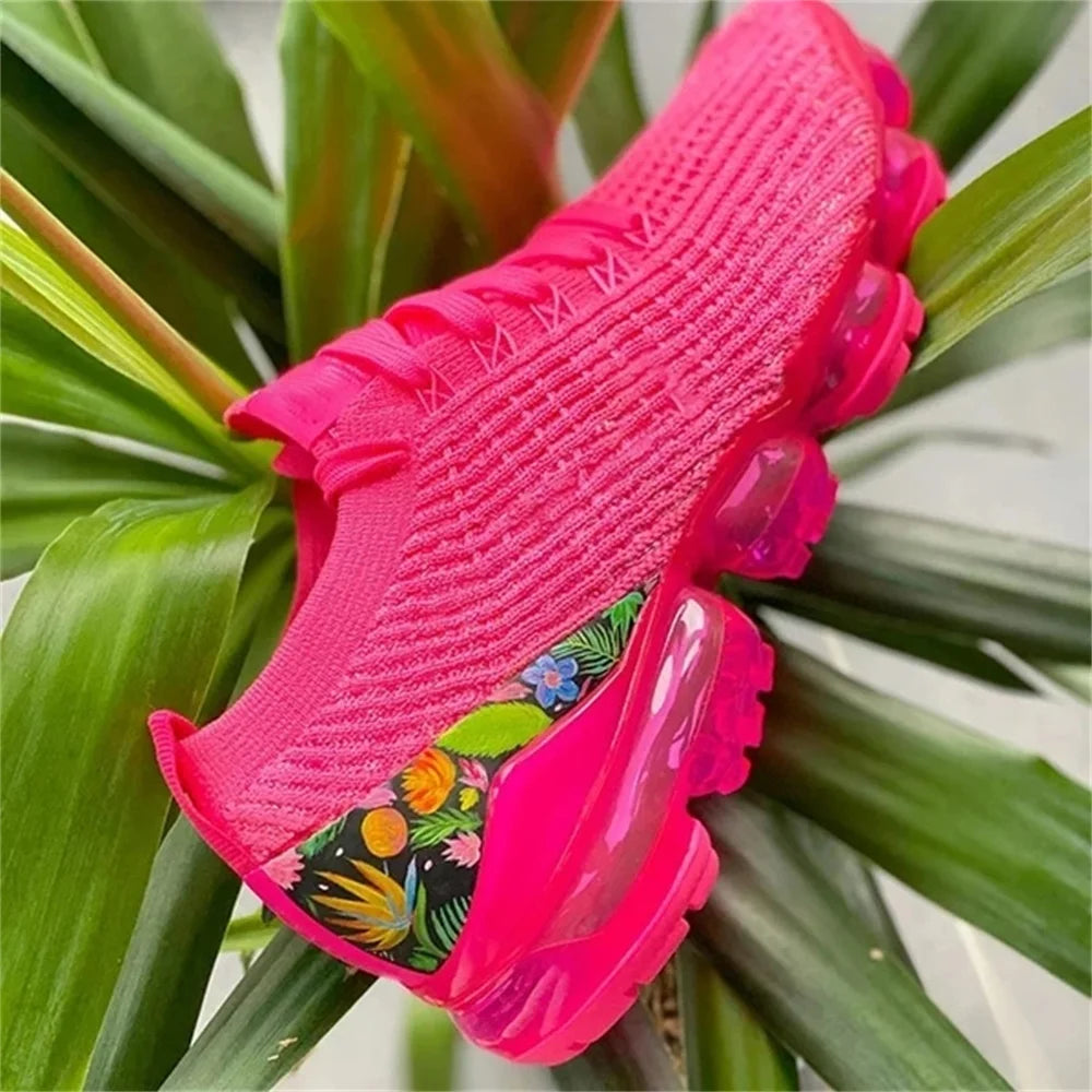 2024 New Sneakers Women Spring Fashion Knitted Fabric Floral Lace Up Ladies Casual Shoes Larged-Size Flats Running Sport Shoes Good Vibrations