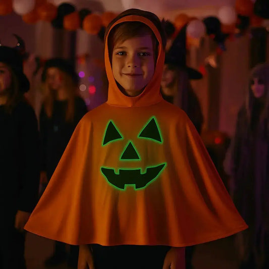 Cool Halloween Noctilucent Pumpkin Cloak Fun Creative Ghost Face Shawl Sleeveless with Hat Kid Cosplay Costume Gift Good Vibrations