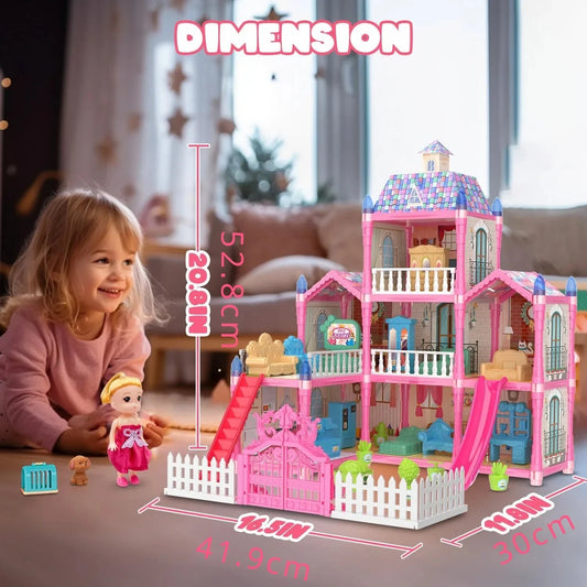 Luminous Doll House Dreamhouse for Girls Princess Playhouse Set with Dolls Furniture Accessories Pretend Play Birthday Gifts Good Vibrations