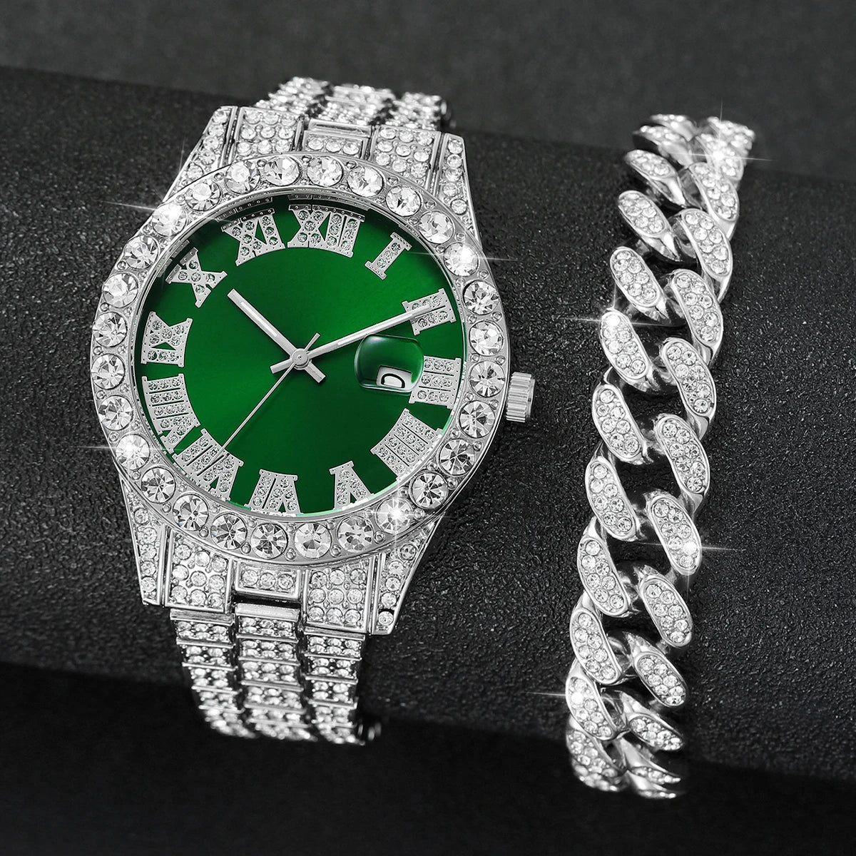 2PCS Luxury Rhinestone Men Watches Fashion Stainless Steel Band Male's Analog Quartz Watch Bracelet Set Relogios Masculino Good Vibrations