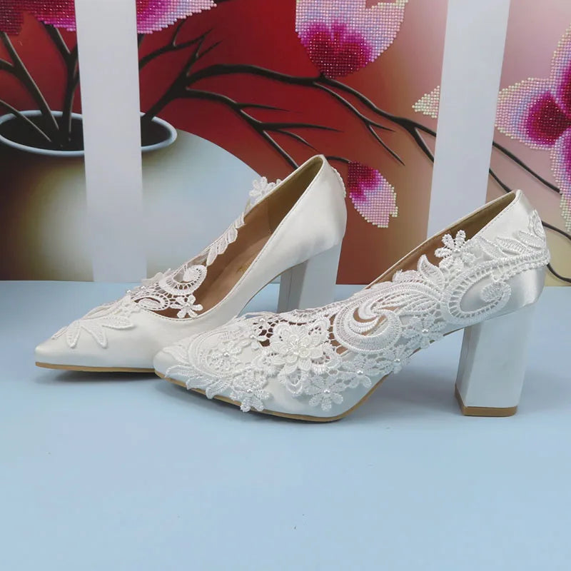 BaoYaFang New Arrival Thick Heel Pointed Toe Womens Wedding Shoes High Heels ladies fashion shoes woman White Lace ankle strap Good Vibrations