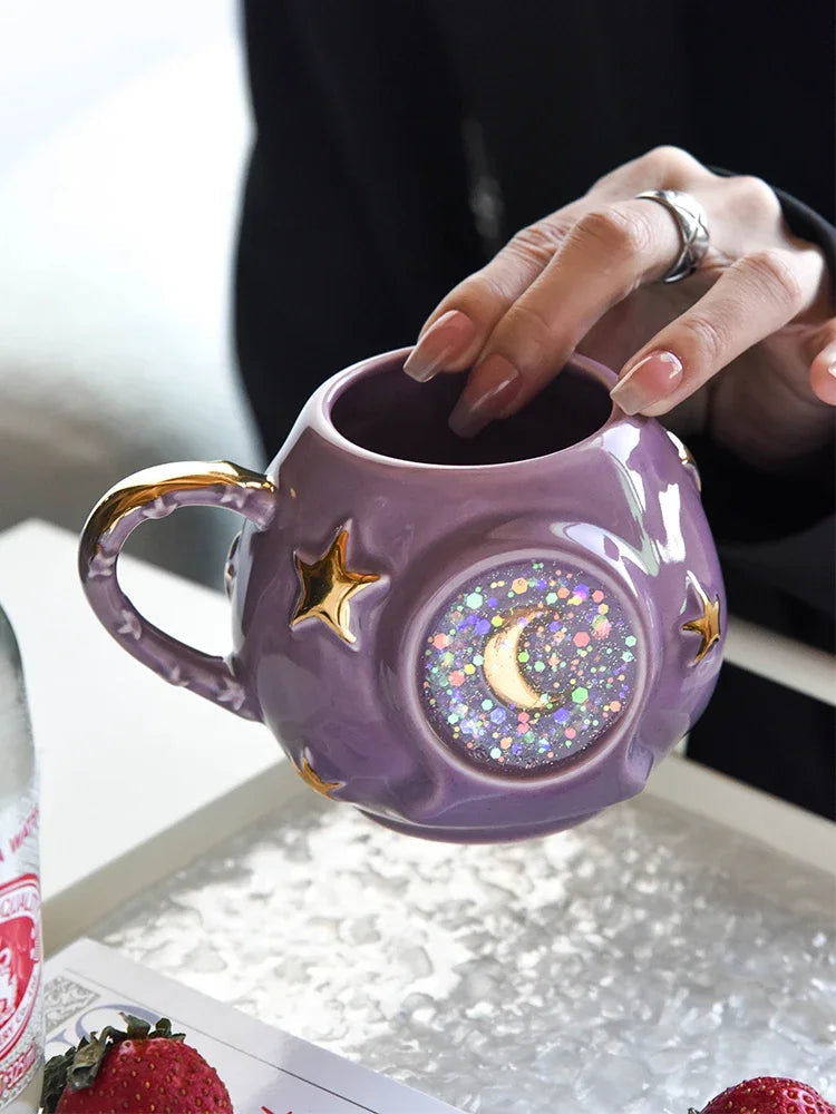 Ceramic Starry Sky Cup Sparkling Cup with High Appearance, Colorful Stars, Creative Birthday Gift, Mug with Hand Gift, Water Cup Good Vibrations Adult Super Store