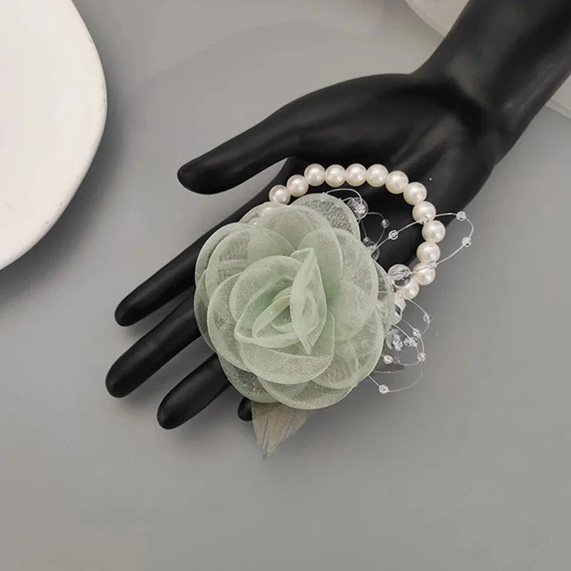 Girls Bridesmaid Wrist Flowers Pearl Ribbon Rose Bracelet for Wedding Prom Party Bride to Be Bridesmaid Gift Wedding Accessories Good Vibrations