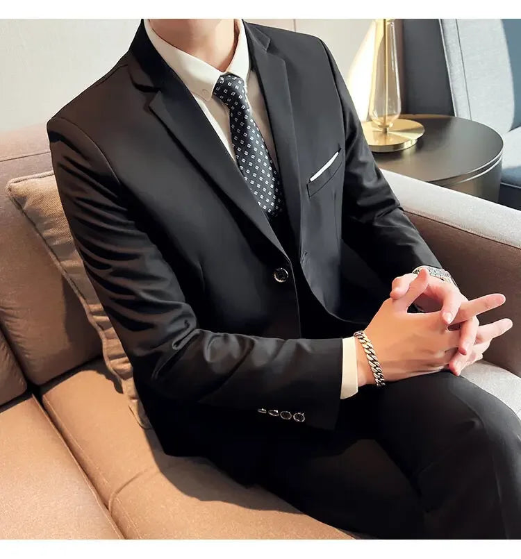 Suit (suit +Vest+Pants) Formal Business Men Four Seasons Professional Fashion Gentleman Solid Color Outdoor British Style Suit