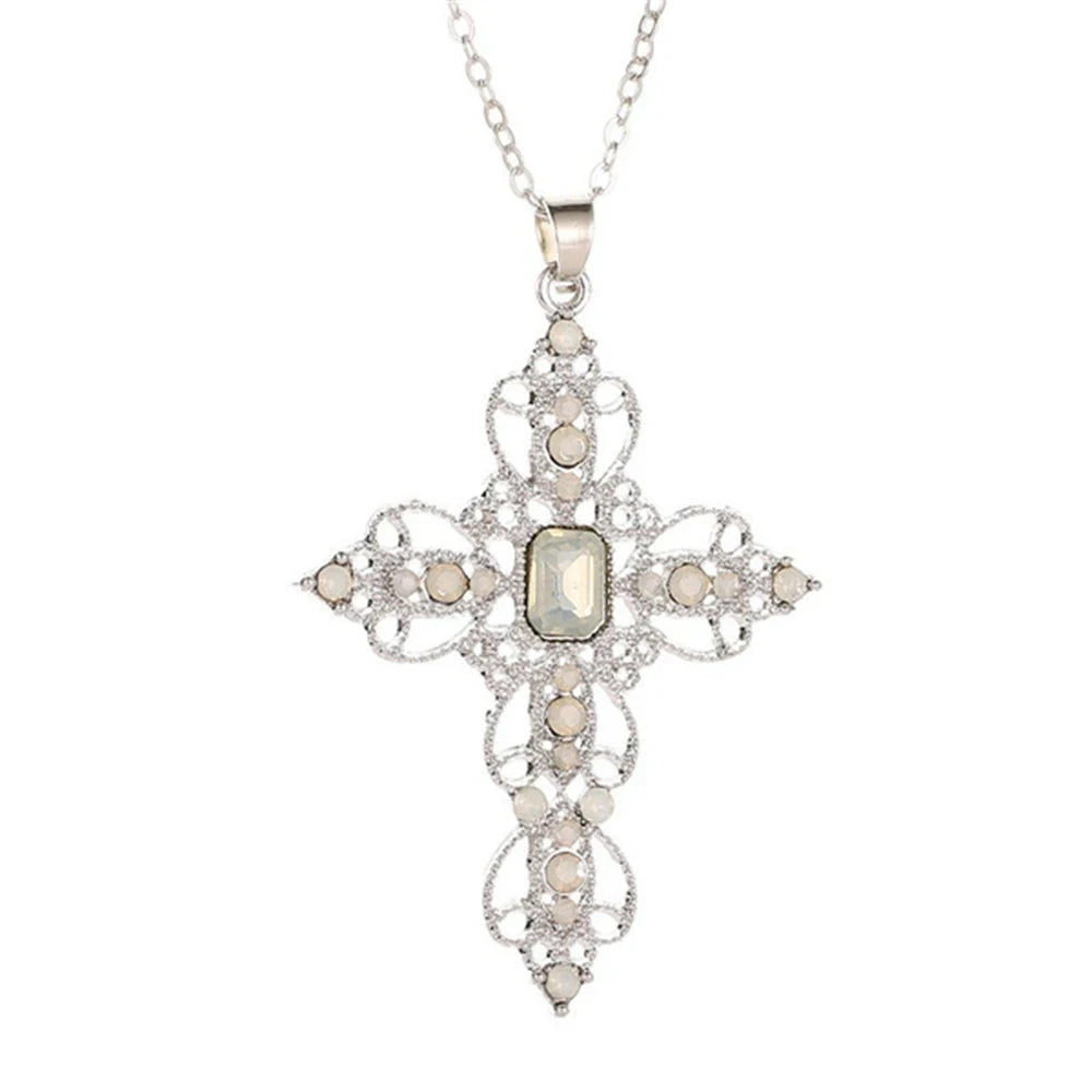 Fashion Exquisite Hollow Cross Necklace Bohemian Inlaid Rhinestones Clavicle Chain Jewelry Gifts For Women Girls Party Wearing Good Vibrations