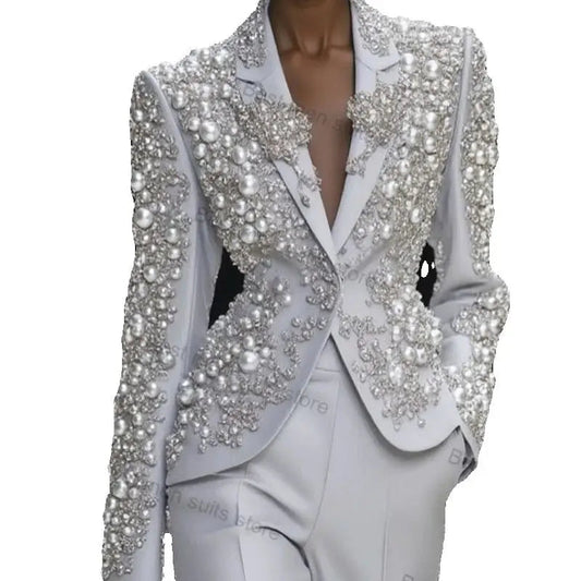 Luxury Shiny Women Suit Set 2 Piece Pearls Blazer+Pants Trousers Formal Office Jacket Cotton Customized Wedding Tuxedos Coat Good Vibrations