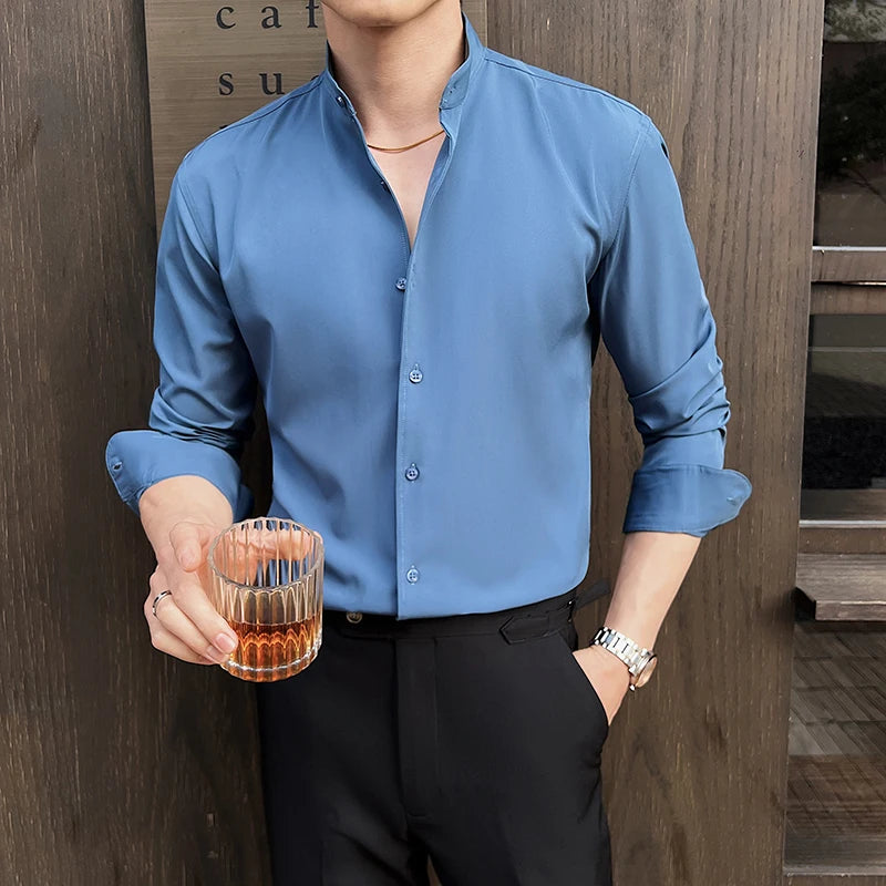 New Chinese Style Stand-Up Collar Shirt Luxury Solid Color Long Sleeve Slim Fit Elastic Casual Social Party Shirts Tuxedo 4XL-M Good Vibrations