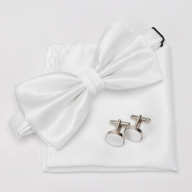 Men Bowtie Set 3pcs Plaids Classic Fashion Wedding Party Formal Cufflinks Bow Tie Handkerchief Cuff Links Lots Three Piece Set Good Vibrations