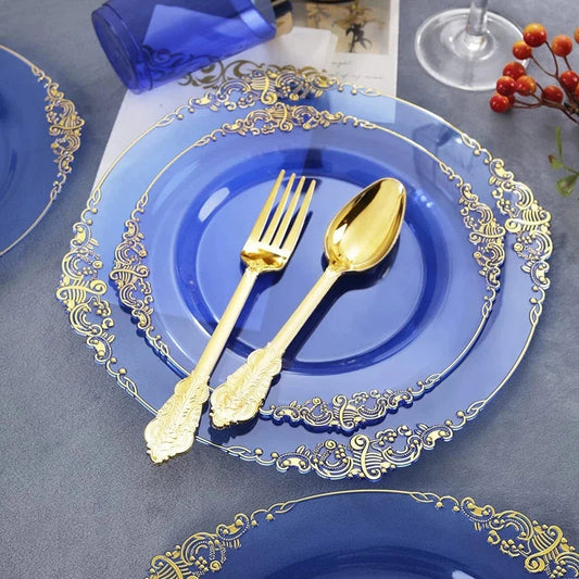 10pcs Disposable Cutlery Clear Blue Plastic Dinner Plate Gold Plastic Silver Cutlery Cup Napkin Set Birthday Decorations Good Vibrations
