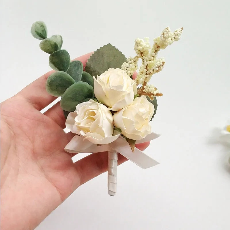 White Boutonniere Wedding Accessories Groom Buttonhole Wrist Corsage Brooch Flowers Artificial Silk Roses Bridesmaids Bracelets Good Vibrations