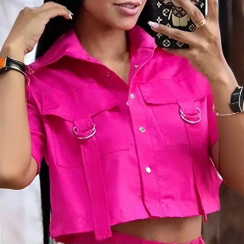 Two Piece Set Women Outfit 2024 Summer Short Sleeve Turn-Down Collar Buttoned Crop Top Casual Pocket Design Vacation Pants Set Good Vibrations