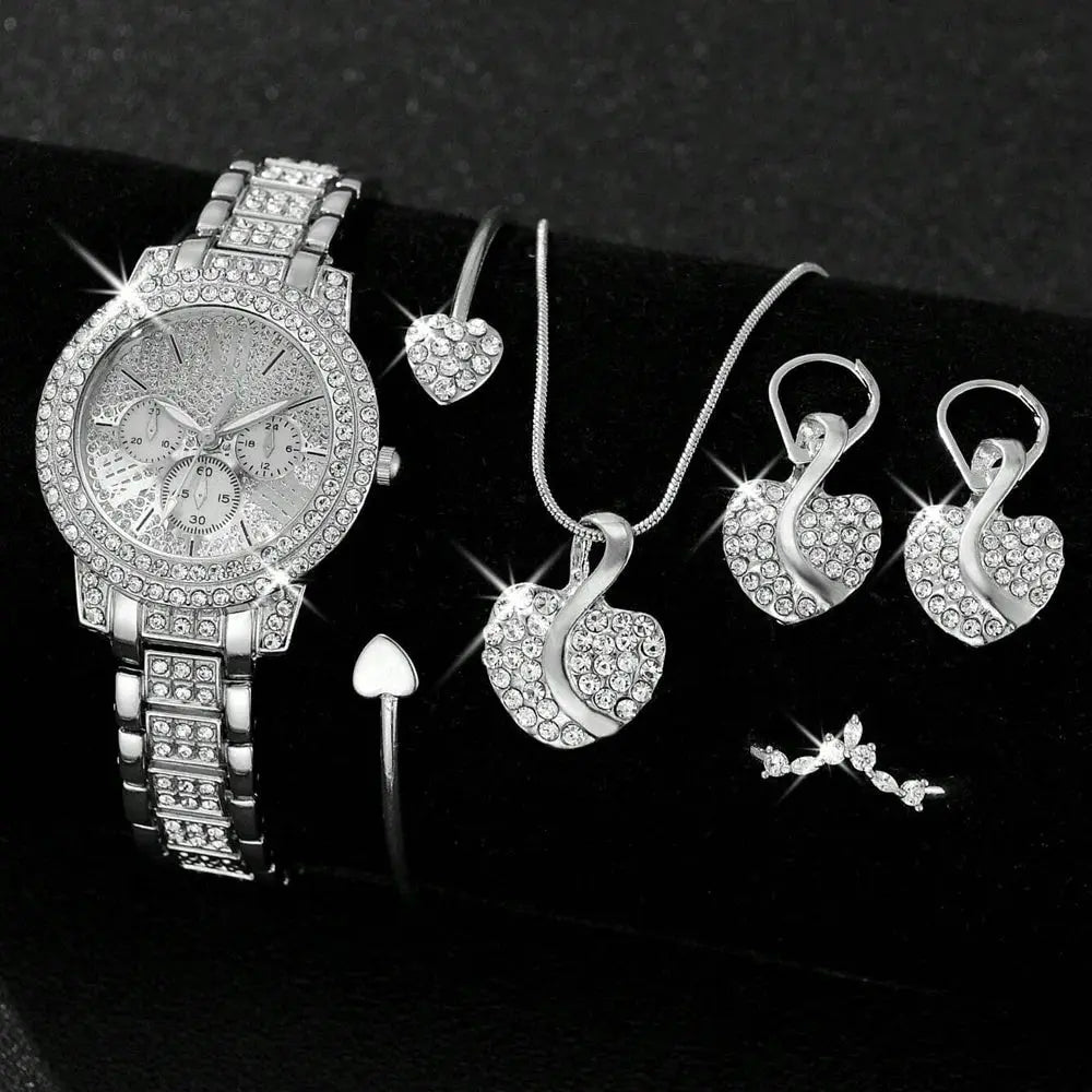 Women's Quartz Watch Gold Luxury Women Ring Necklace Earring Rhinestone Fashion Wristwatch Casual Ladies Watches Jewelry Set Good Vibrations