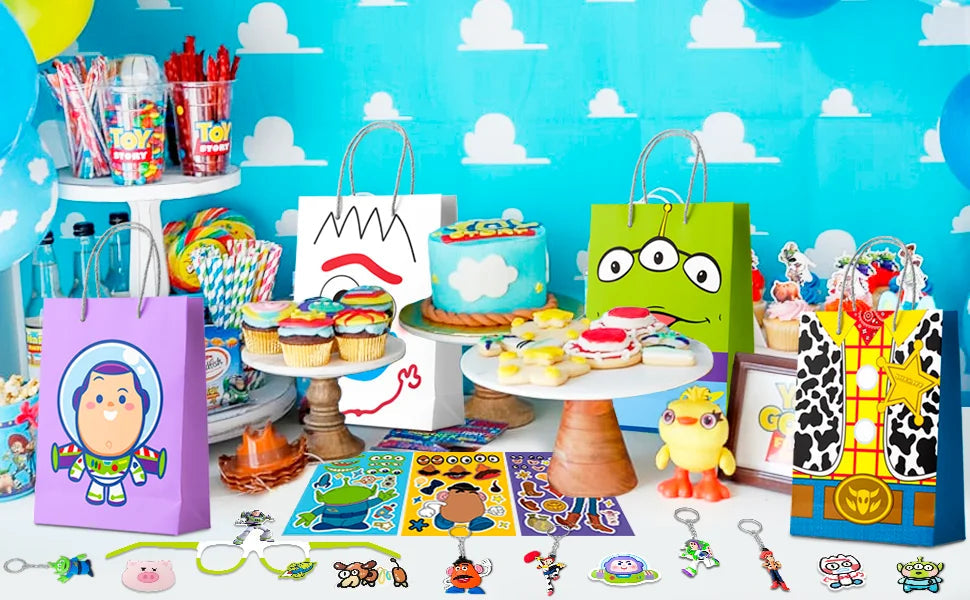 Cartoon Party Favors for Kids, 50pcs Cartoon Birthday Party Favors Set- Cartoon Goodie Bags Key Chains Stickers Photo Props etc Good Vibrations