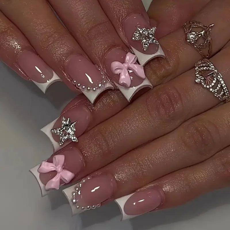 Black French Tips Press on Nails 3D White Bowknot Alloy Stars Designs Fake Nails Ballet Charms False Nails Korean Manicure 24Pcs Good Vibrations