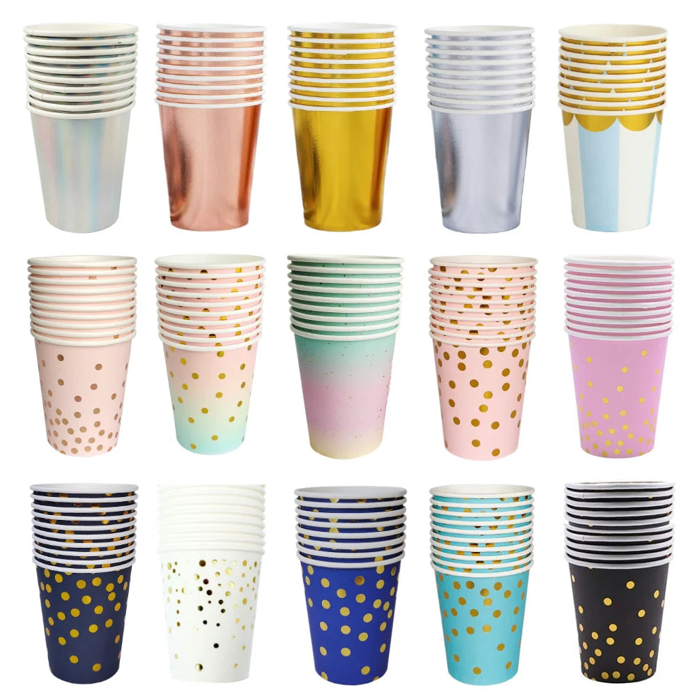 10PCS Colored Paper Cups Gold Dot Pink Blue Disposable Cup Wedding Birthday Party Disposable Tableware Disposable Paper Cup Set Good Vibrations