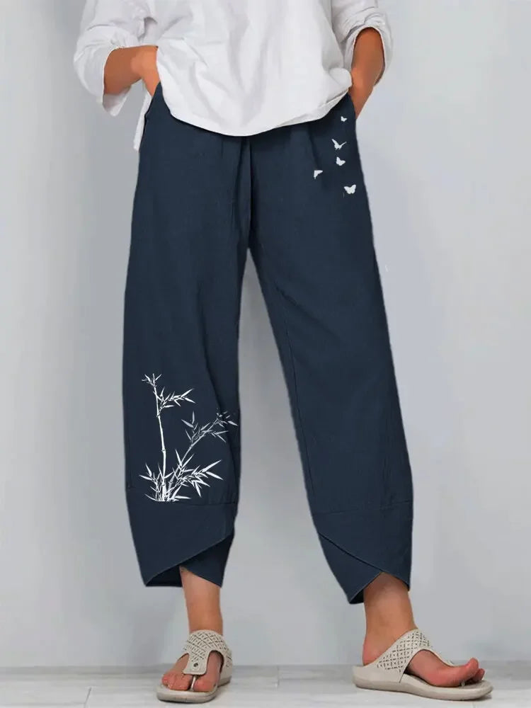Vintage Print Pants Women Fashion Irregular Casual High Waist Elastic Waist Straight Loose Trousers Summer Lady Cargo Pantalon Good Vibrations