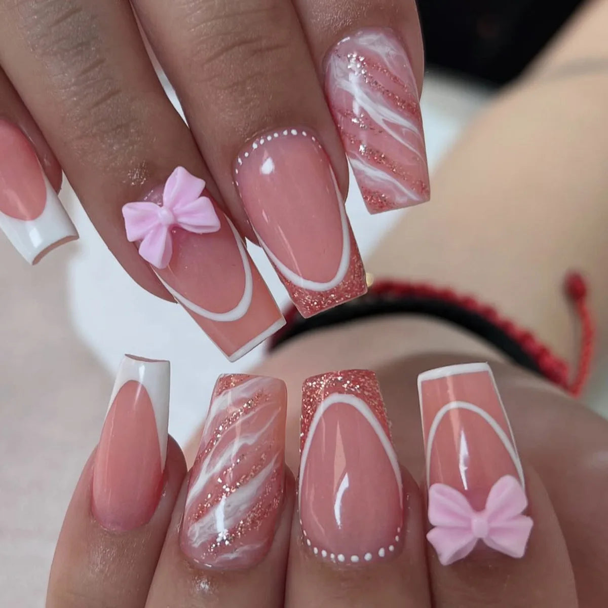White French Press on Nails 3D Bowknot Fake Nails Tips Full Cover Wearable False Nails for Women and Girls DIY Manicure 24Pcs Good Vibrations