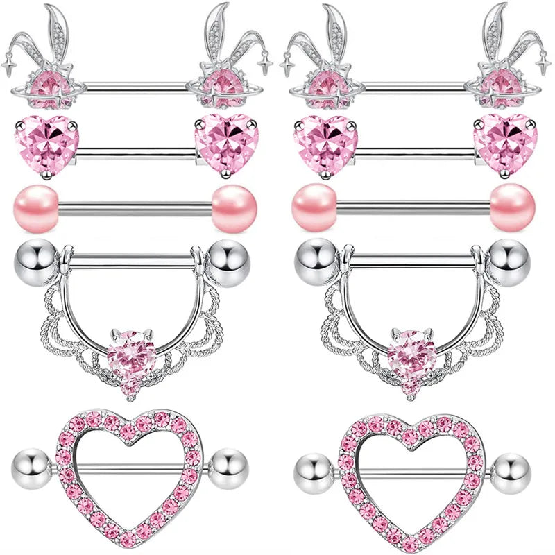 Stainless Steel Pink Bunny Nipple Piercing Jewelry Set 14G Green Bat Nipple Rings Bulk Cat Nipple Barbell Pack Piercing Pezon