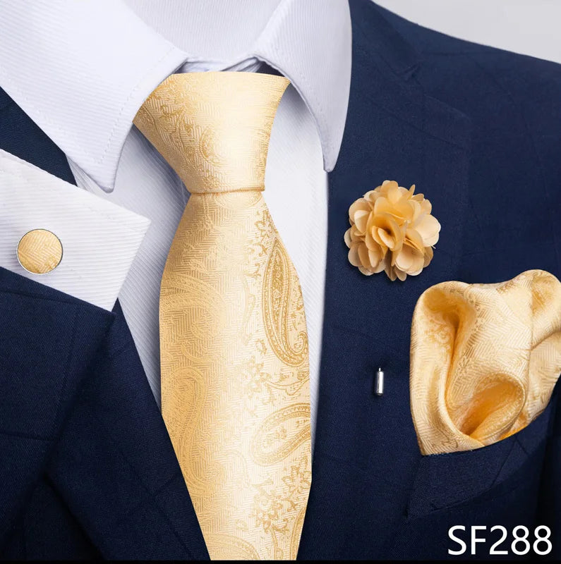 Luxury Mens Ties Floral Black Gold Ties Paisley NeckTie Pocket Square Cufflinks Brooch Set Men's Wedding Party Tie Good Vibrations