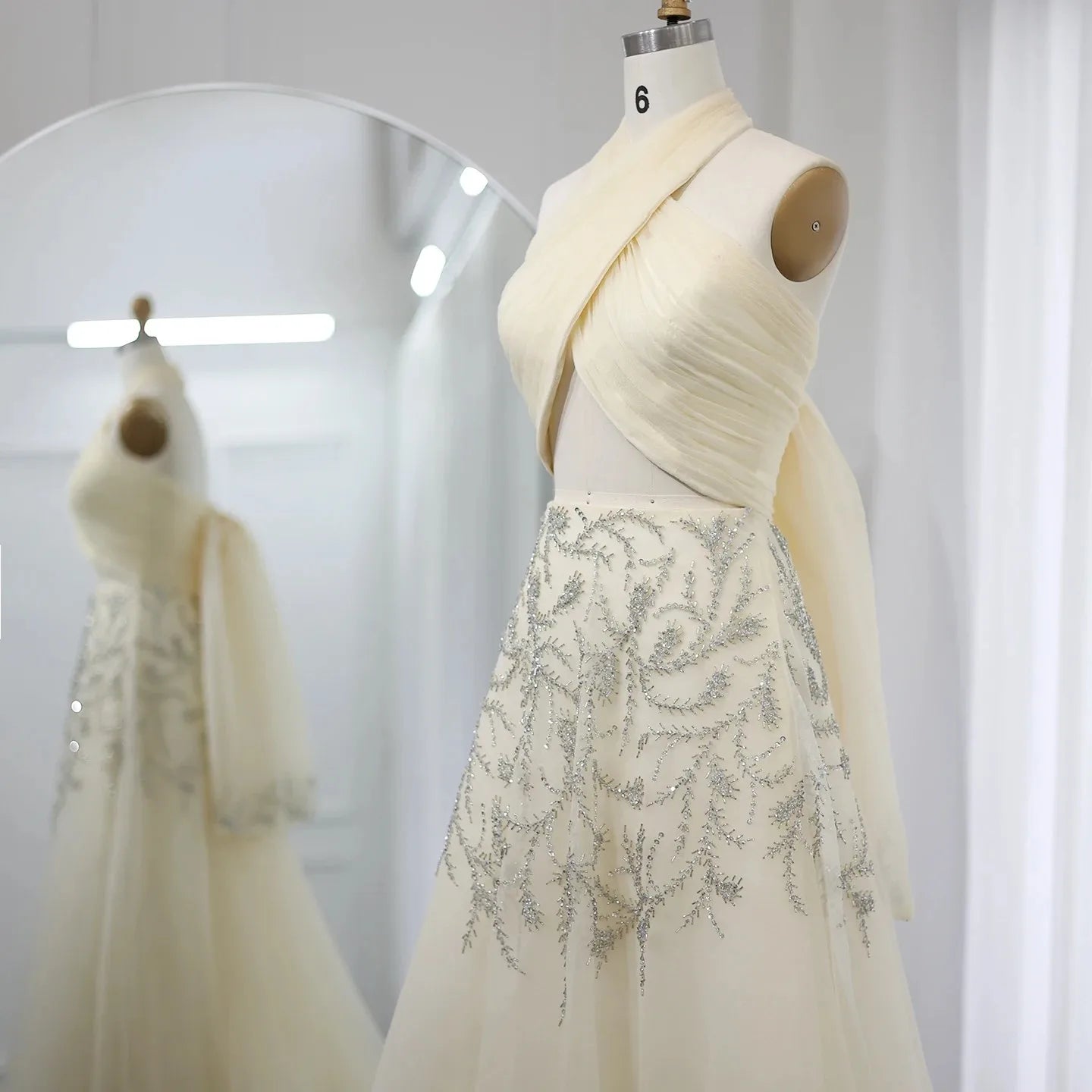 Sharon Said Saudi Arabic Beige Halter Evening Dresses for Wedding Dubai Crystal Long Formal Gowns Party Dress SS444 Customized