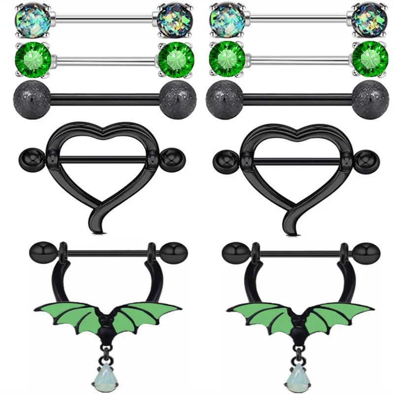 Stainless Steel Pink Bunny Nipple Piercing Jewelry Set 14G Green Bat Nipple Rings Bulk Cat Nipple Barbell Pack Piercing Pezon