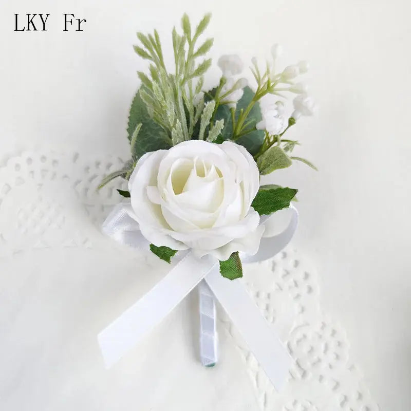 White Boutonniere Wedding Accessories Groom Buttonhole Wrist Corsage Brooch Flowers Artificial Silk Roses Bridesmaids Bracelets Good Vibrations