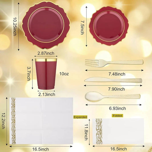 Plates Disposable, 50 Plastic Maroon Plates, Red Plastic Dinnerware Set, 25 10oz Cups, 75 Gold Cutlery, 25 Gold Napkins Good Vibrations