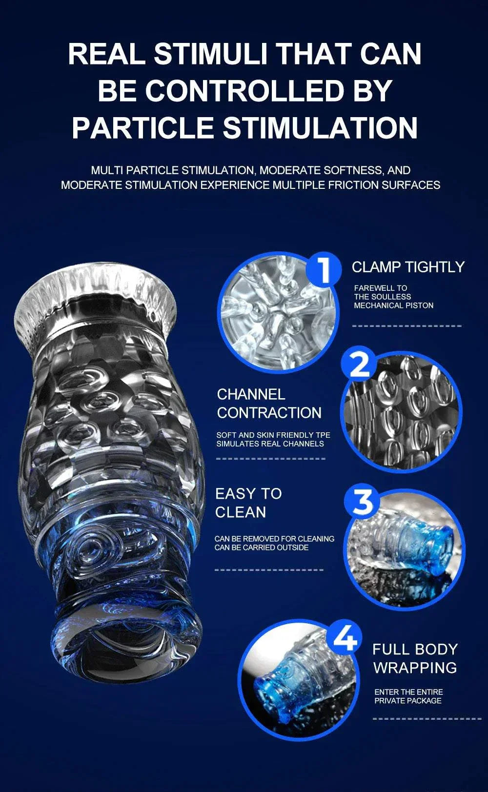 Male masturbator cup with soft silicone transparent design, featuring particle stimulation and full-body wrapping for enhanced pleasure.