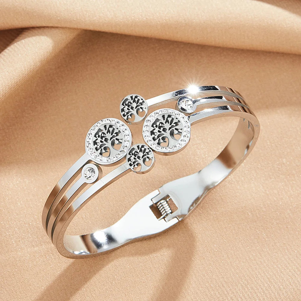 Round stainless steel spring bracelet, gold-plated tree of life bracelet, luxury crystal zircon, women's bracelet, wedding wear Good Vibrations