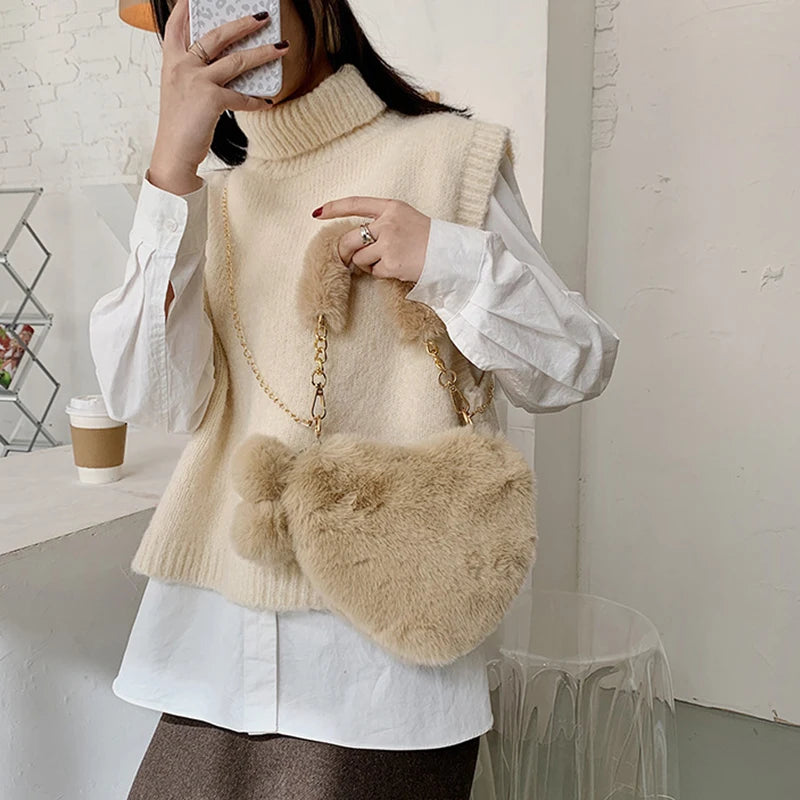 Women Hand Bags New Plush Love Heart Shaped New Fashionable Solid Color Soft Comfortable Purses and Handbags Bags for Ladies Good Vibrations