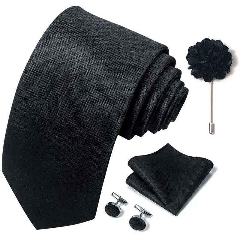 Luxury Mens Ties Floral Black Gold Ties Paisley NeckTie Pocket Square Cufflinks Brooch Set Men's Wedding Party Tie Good Vibrations