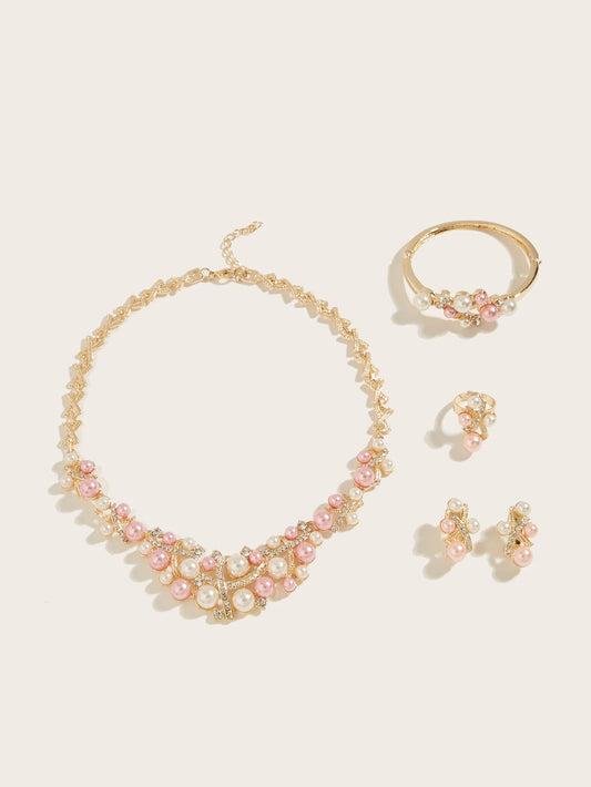Stylish Pink and White Imitation Pearls and Rhinestone Jewelry Set, Including Necklaces, Bracelets, Earrings, Rings, the Most Suitable for Women’S Wedding Parties Good Vibrations