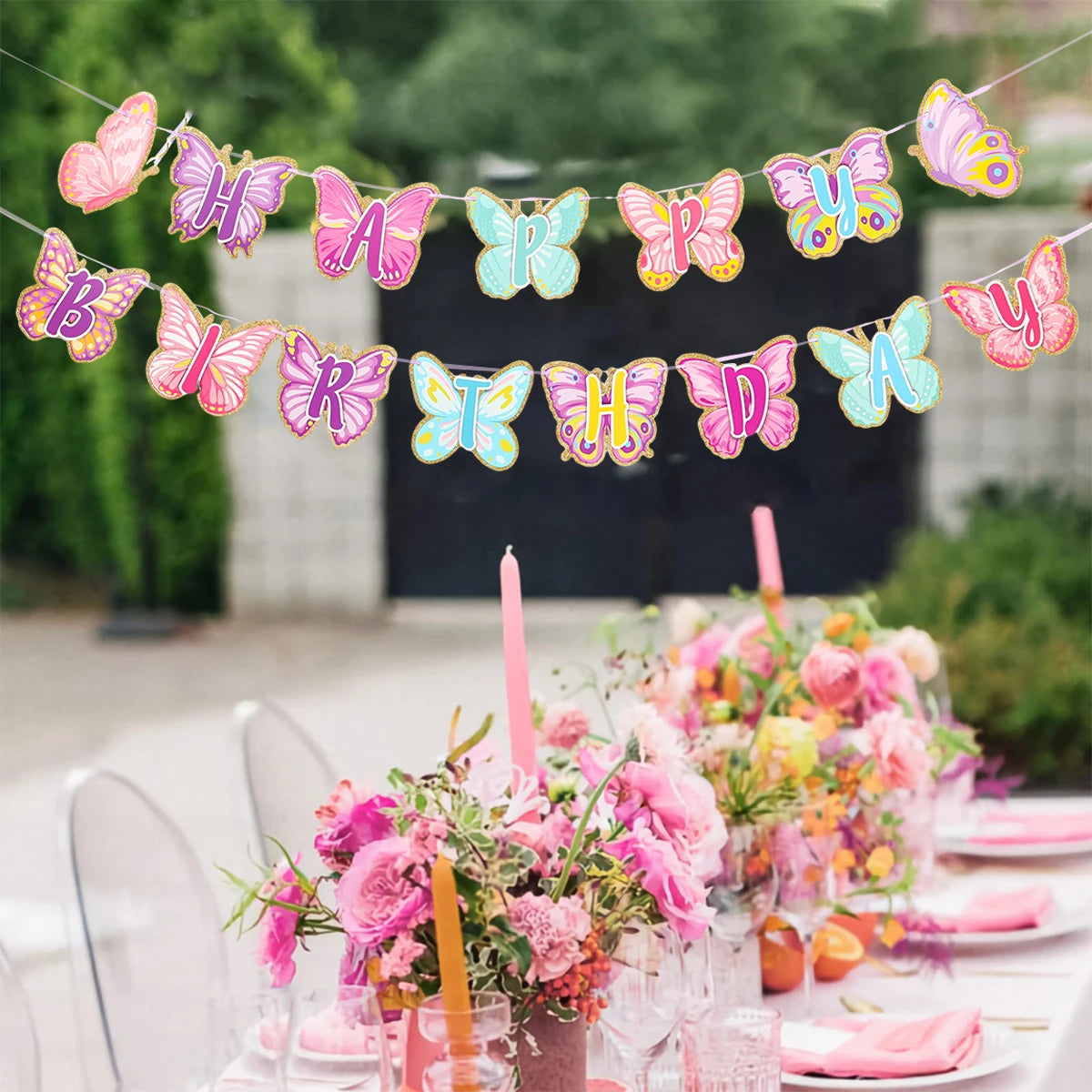 Pink Happy Birthday Banner With Butterfly Dancing Hanging Pendant Garlands  Girls Princess 1st Happy Birthday Party Decorations Good Vibrations