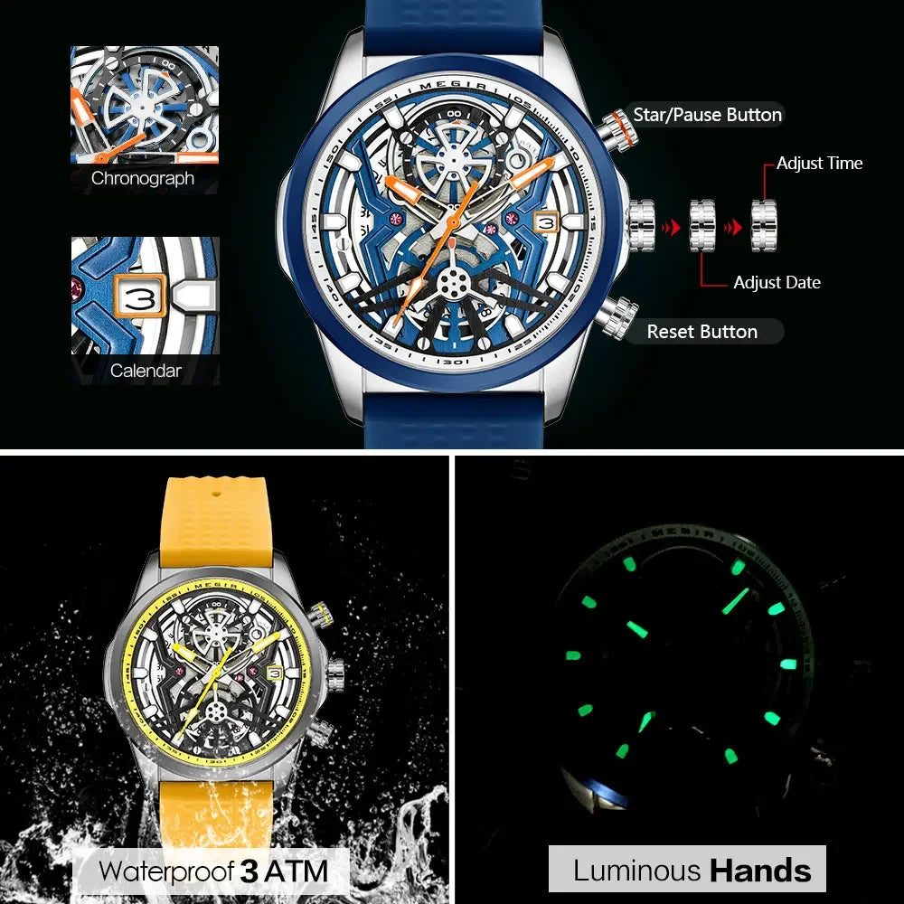 MEGIR Sport Quartz Watch Men Fashion Waterproof Chronograph Wristwatch with Date Olive Green Silicone Strap Luminous Hands 2235 Good Vibrations