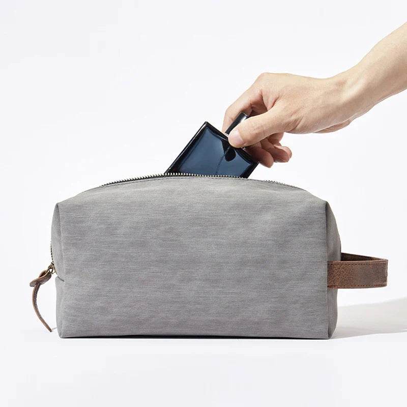 Portable hookah bag in gray, rectangular, eco-friendly, waterproof, with large capacity for travel and toiletry storage.