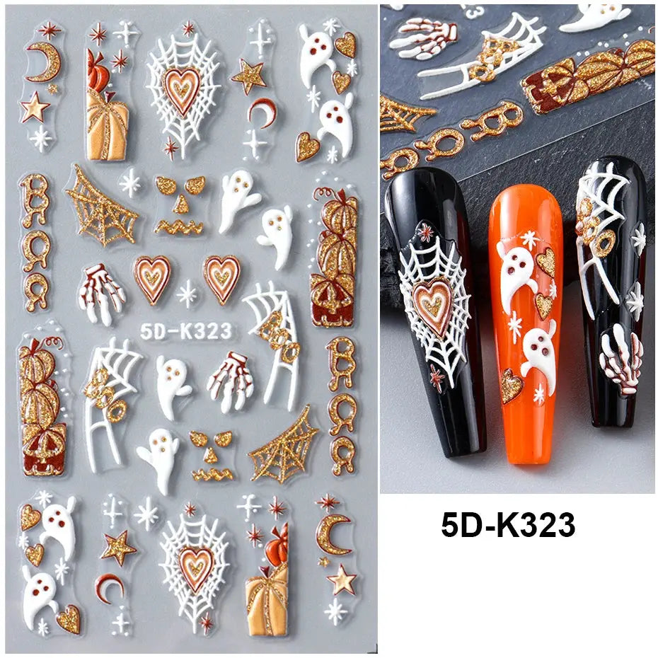 5D Halloween Nail Stickers White Bones Design Spooky Ghost Pumpkin Sliders for Nails Glitter Heart Spider Web Manicure Decals Good Vibrations