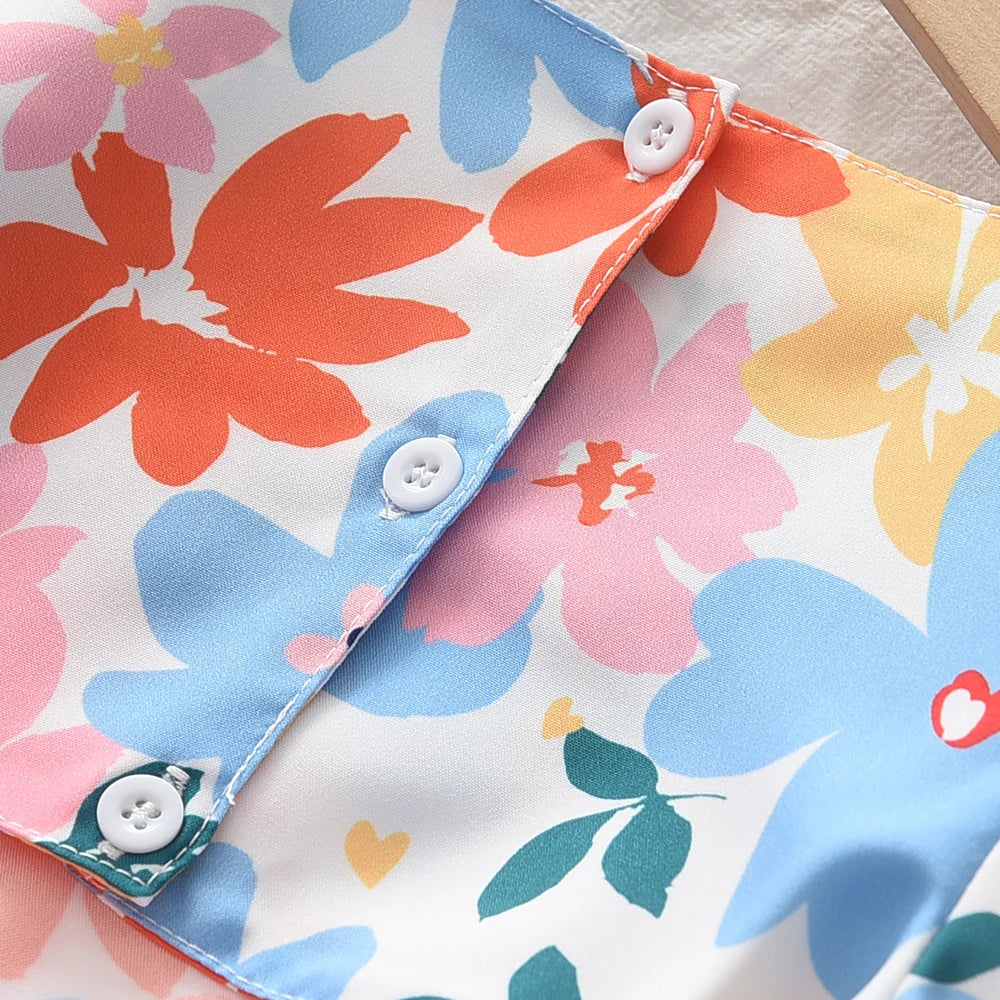 Girls Dresses 2023 Summer New Baby Girls Colourful Floral Short-sleeved Dresses 3-7 Years Old Girls Clothing Good Vibrations