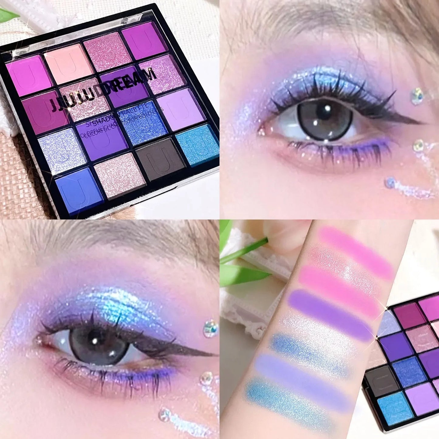 16 color eyeshadow palette: Koi, Mermaid, Enchanted Forest, Pearl, Matte and Glitter, Music Festival makeup Good Vibrations
