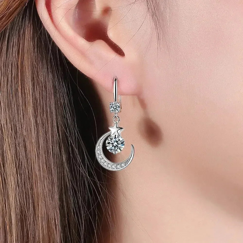 Female Fashion Star Moon Earrings 925 Sterling Silver White Sapphire Pink Blue White Artificial Dangle Earrings Good Vibrations Adult Super Store