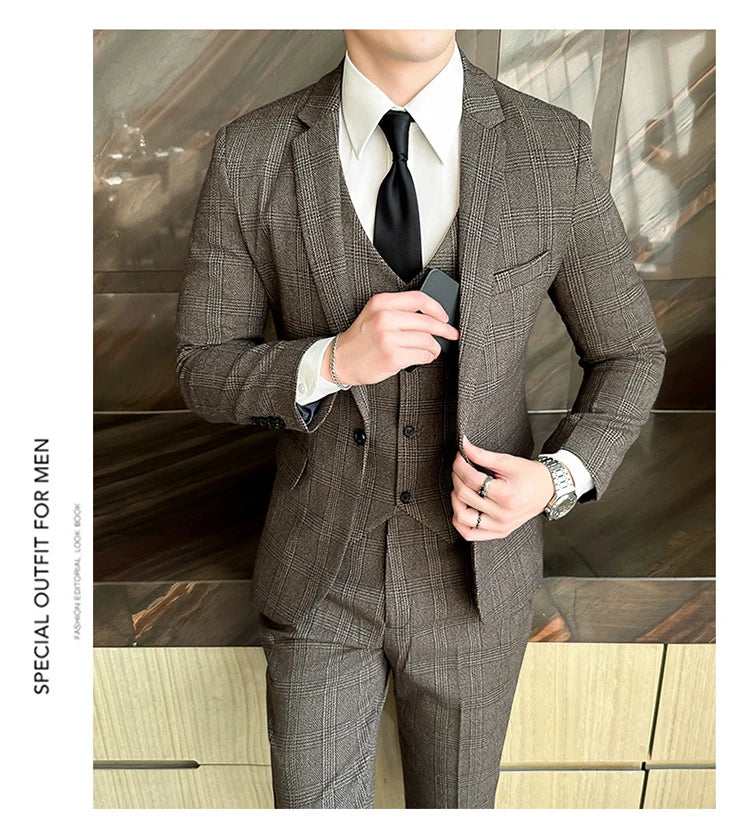 Quality Three-piece Suit Vest Trousers Set for Men Korean Fashion Slim Fit Business Casual Wedding Handsome Style