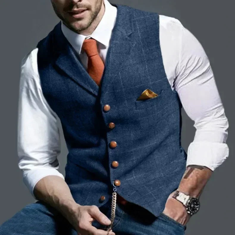 2025 Men's Formal Vests Lapel Tweed Plaid V-neck Waistcoat Slim Vest Business Formal Dress Suit Casual Wedding Tuxedo Male Vest Good Vibrations