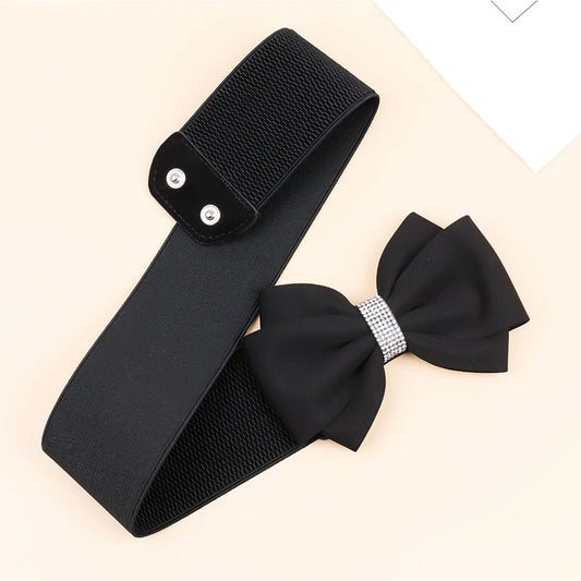 Women's Elastic Bow Belt Wide Rhinestone Stretch Belts Ladies Waist Accessories for Dress Jeans Good Vibrations