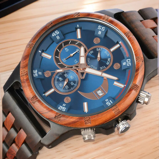 Wooden Wrist Watches For Men Fashion Quartz Wristwatches With Clock Date Week Timepieces Wood Wach Box for Him reloj hombre Good Vibrations