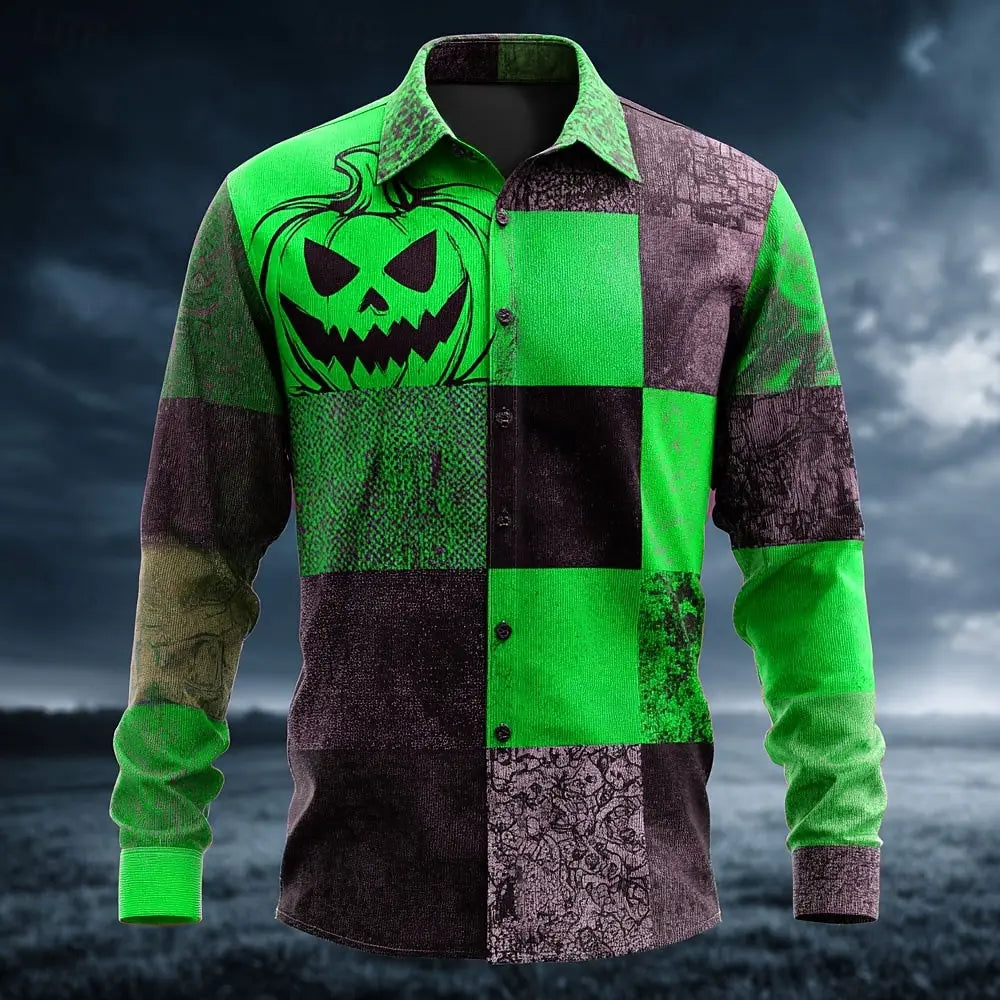 Halloween Costumes Men's Color Block Pumpkin Patchwork Shirt Button Up Shirt Long Sleeve Casual Outdoor 3D Print Collared Shirt Good Vibrations