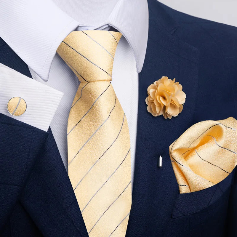 Luxury Mens Ties Floral Black Gold Ties Paisley NeckTie Pocket Square Cufflinks Brooch Set Men's Wedding Party Tie Good Vibrations